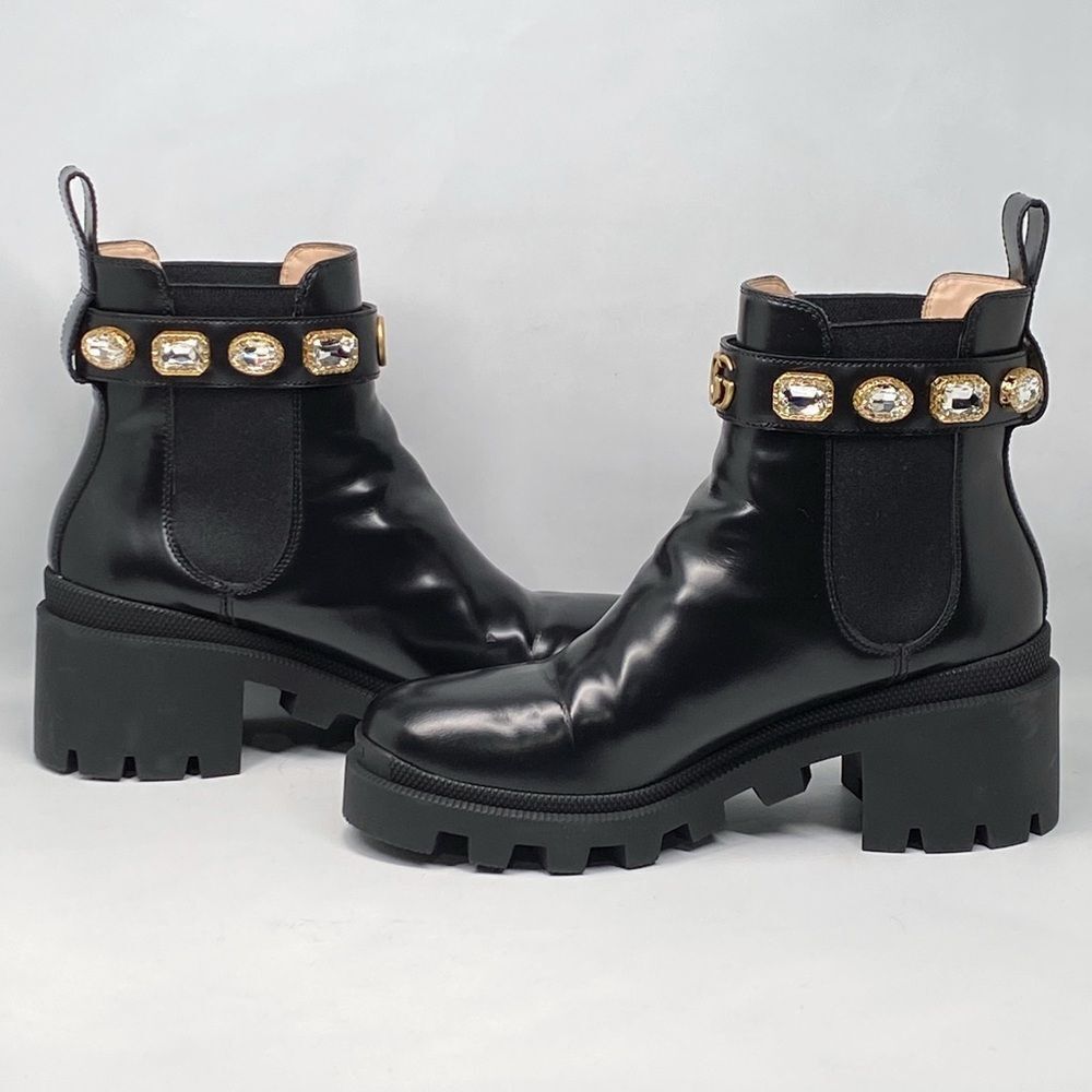 Gucci Trip Embellished Block Heel Chelsea Boots size 37.5